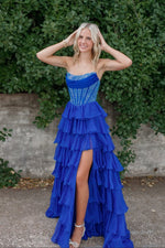 Gorgeous A Line Scoop Neck Royal Blue Tiered Chiffon Prom Dress with Hot Stone