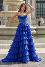 Gorgeous A Line Scoop Neck Royal Blue Tiered Chiffon Prom Dress with Hot Stone