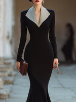 Elegant V-Neck Lapel-Detail Long Sleeves Mermaid Evening Dress