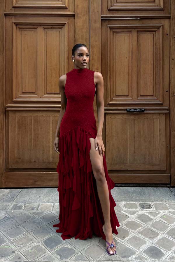 High Neck Sleeveless Long Mermaid Prom Dress With Split Ruffles