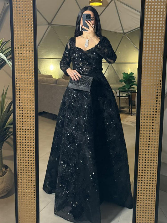 Black Square Neck Beaded Sequins Sparkle Long Sleeve A-Line Evening Dress