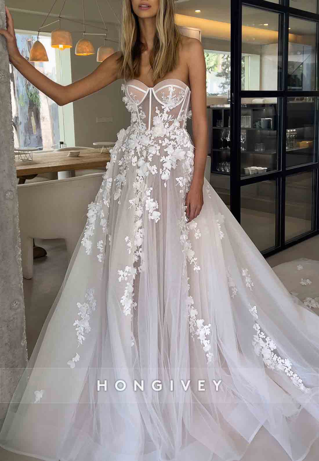 3D Floral Sweetheart A-Line Wedding Dress Court Train Sheer Corset Tulle Train