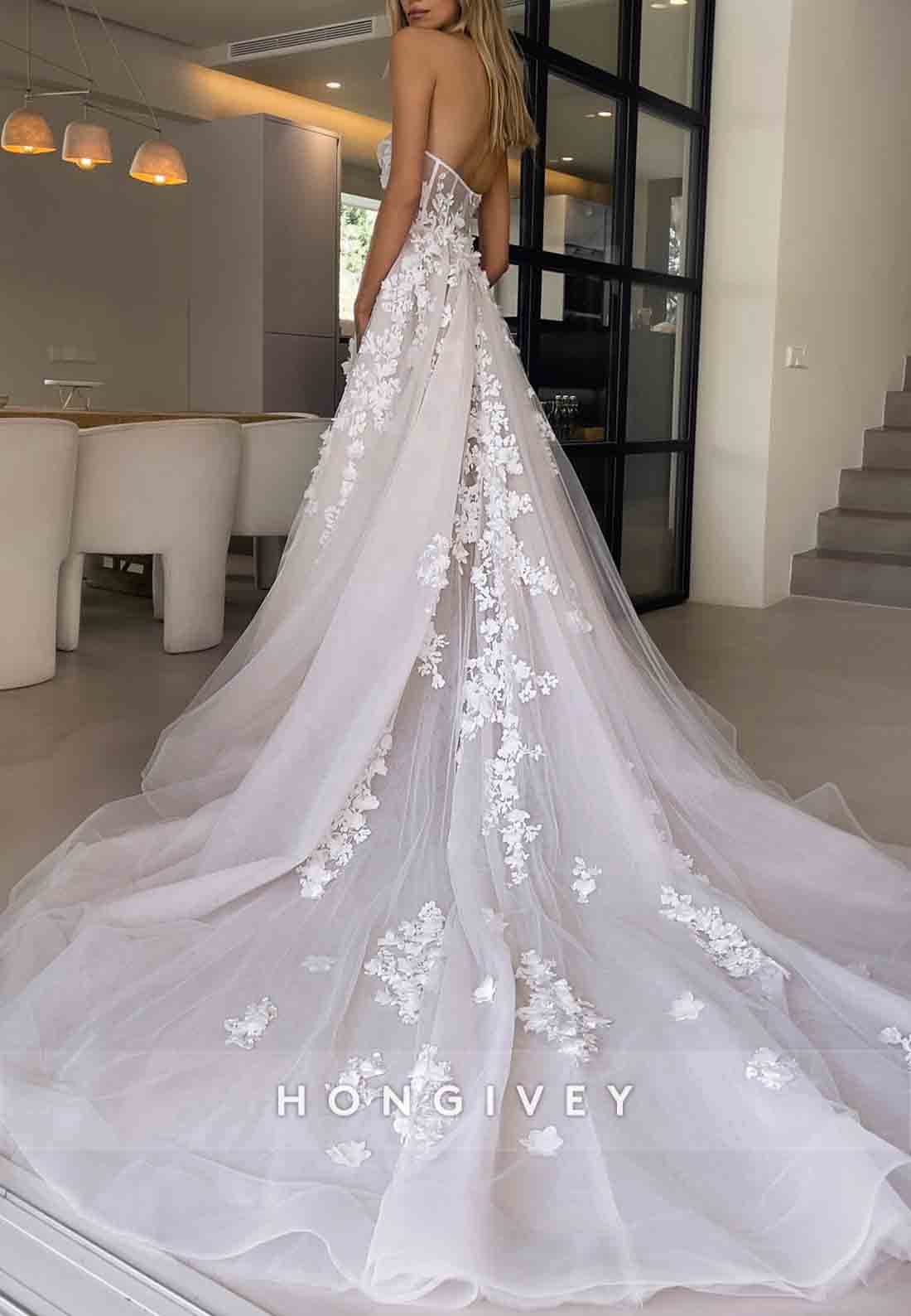 3D Floral Sweetheart A-Line Wedding Dress Court Train Sheer Corset Tulle Train
