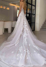 3D Floral Sweetheart A-Line Wedding Dress Court Train Sheer Corset Tulle Train