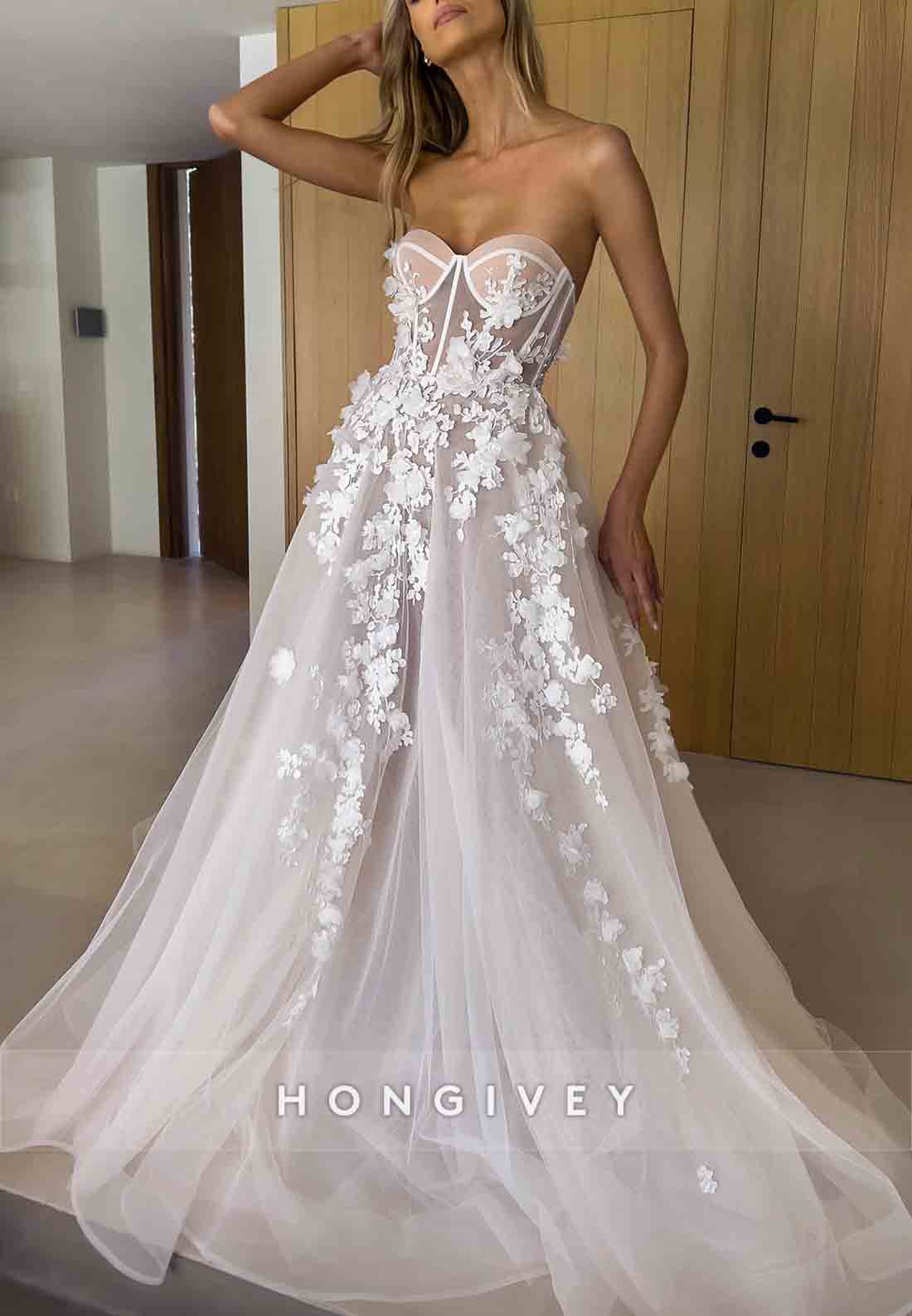 3D Floral Sweetheart A-Line Wedding Dress Court Train Sheer Corset Tulle Train