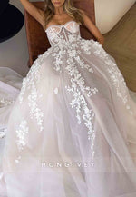3D Floral Sweetheart A-Line Wedding Dress Court Train Sheer Corset Tulle Train