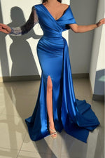 Royal Blue Satin V-Neck Asymmetrical Single Sleeve Long Mermaid Pleated Prom Dress With Slit And Beadings