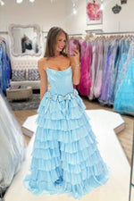 A Line Scoop Neck Light BlueTiered Chiffon Prom Dress with Bow