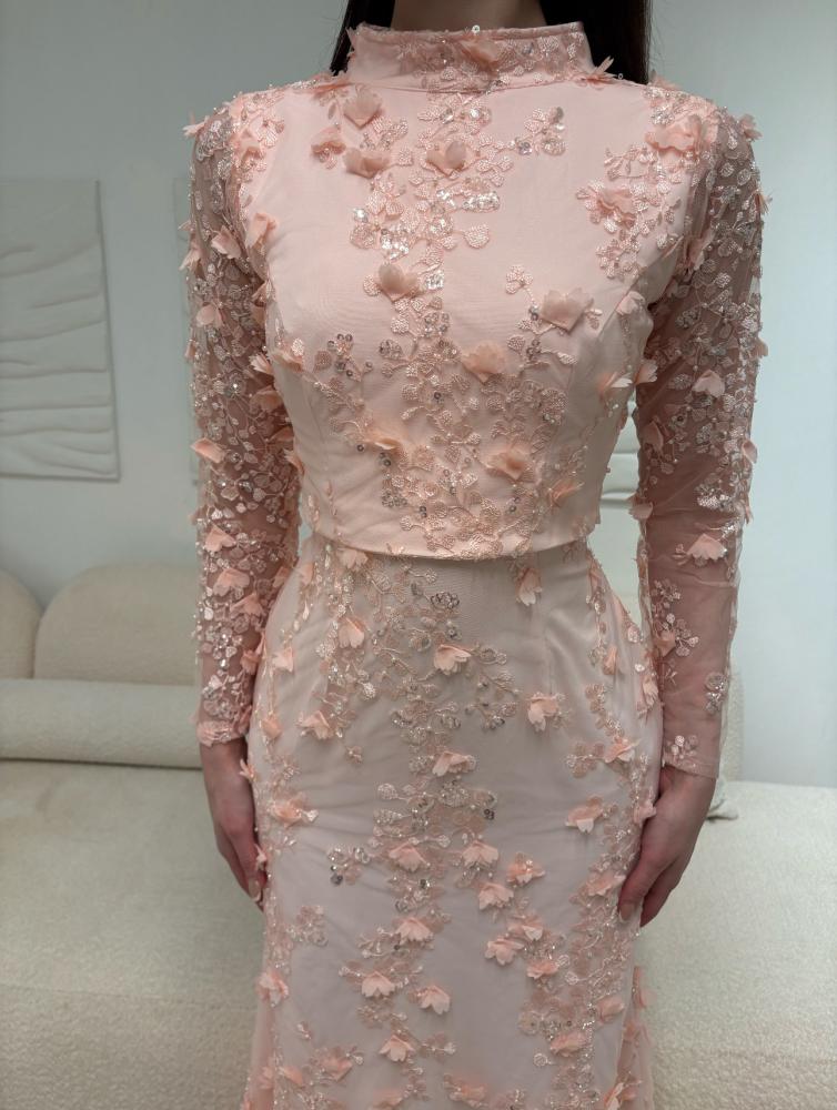 Pink High Neck Lace Sequins Flowers Long Sleeve Mermaid Ankle-Length Evening Dress