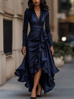 Midnight Blue Draped Satin Maxi Dress With Ruffle Details