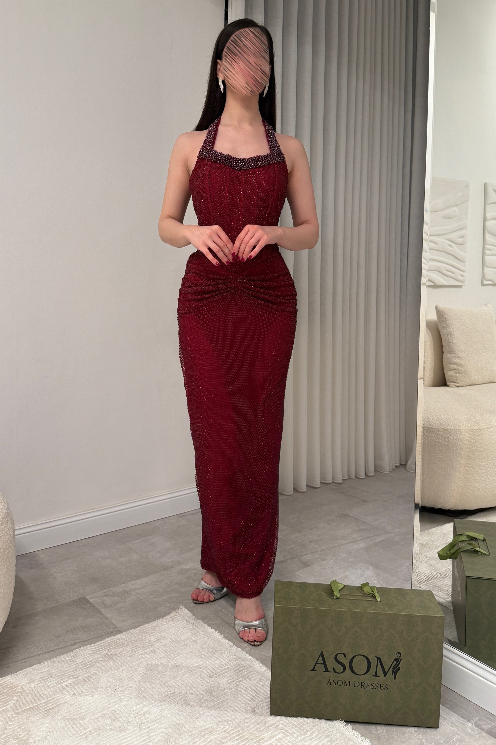 Sexy Red Halter Beaded Sequins Sparkle Sleeveless Mermaid Ankle-Length Evening Dress