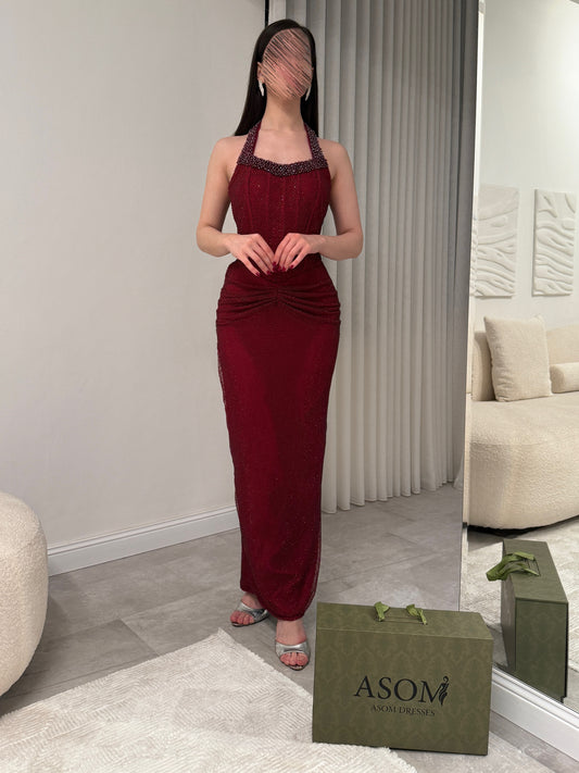 Sexy Red Halter Beaded Sequins Sparkle Sleeveless Mermaid Ankle-Length Evening Dress