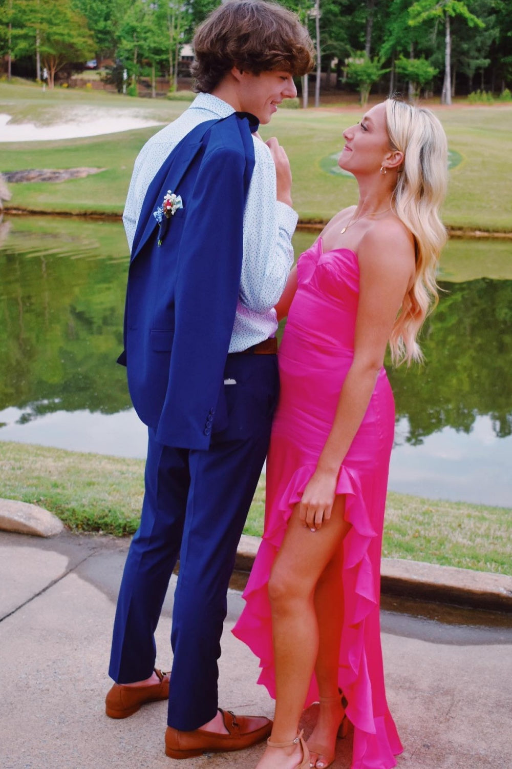 Strapless Green Silk Long Party Dress with Slit