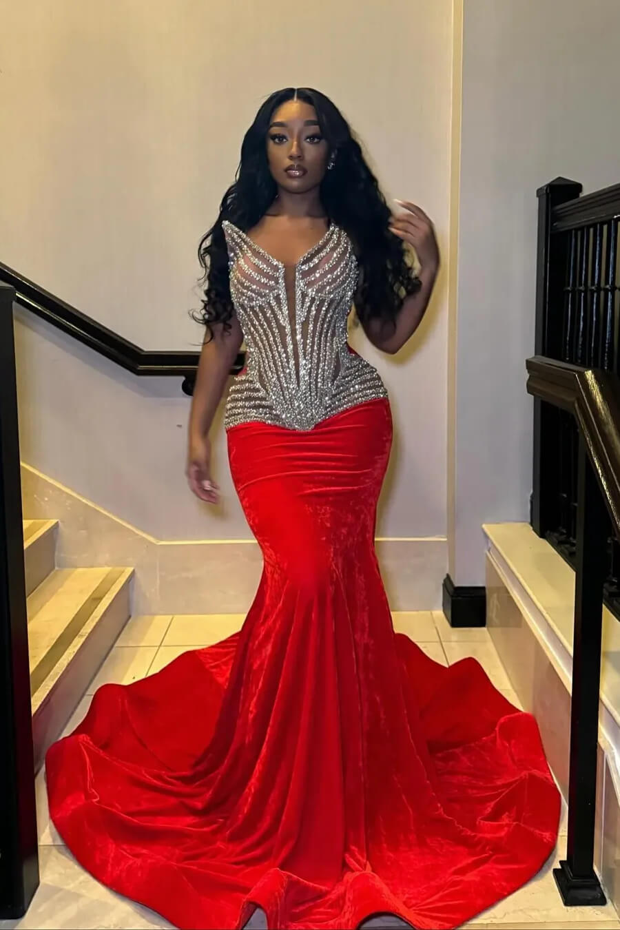 Modern Red V-Neck Sleeveless Prom Dress Mermaid Long With Beadings