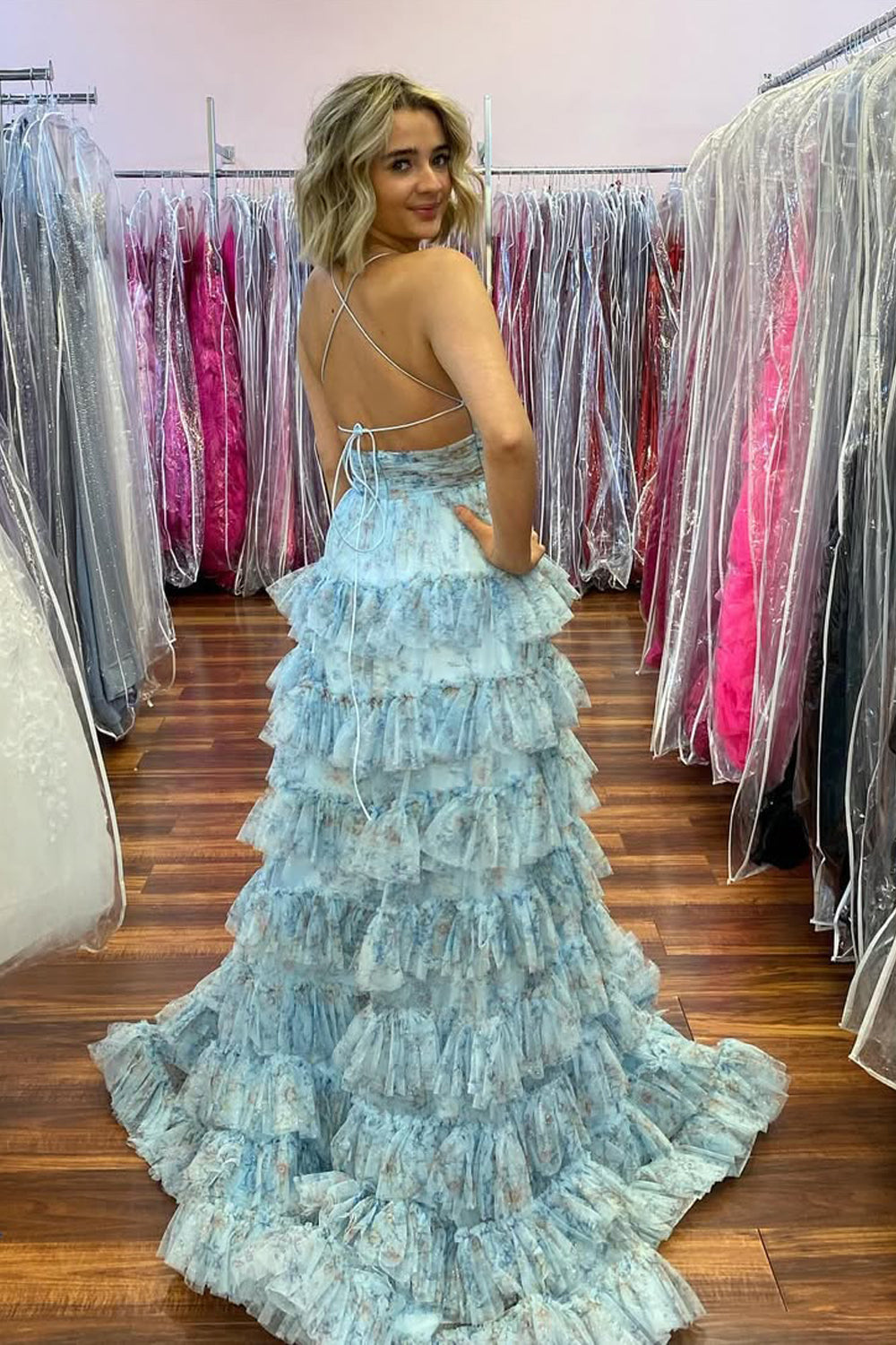 Fairy A Line V Neck Floral Printed Tiered Tulle Prom Dress with Slit