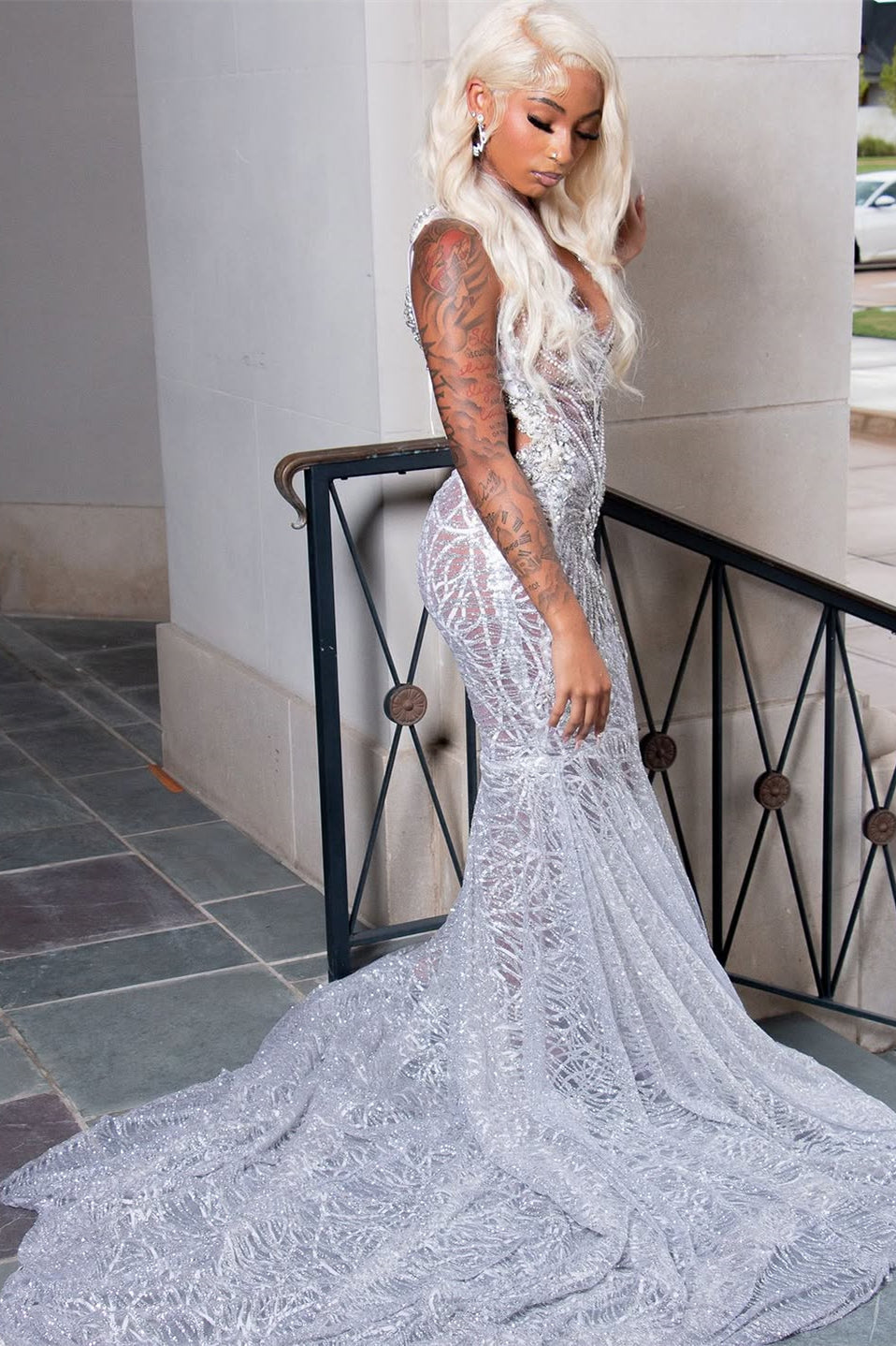 Modern Silver V-Neck Sleeveless Mermaid Prom Dress Sequins Long With Beadings