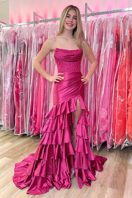Sweet Mermaid Scoop Neck Fuchsia Satin Prom Dress with Slit