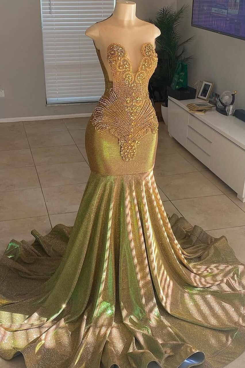 Scoop Sleeveless Mermaid Prom Dresses Long With Gold Beadings Online