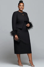 Plus Size Cocktail Party Black Round Neck Long Sleeve Feather Elegant Two Piece Dress Set [Pre-Order]