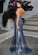 HONGIVEY Sexy V-Neck Backless Empire Waist Evening Dress with Side Slit Formal Party Dress