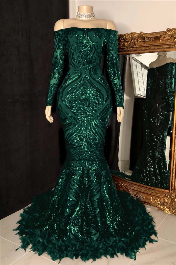 Hidais Long Sleeves Strapless Mermaid Prom Dress Sequins Burgundy With Feather