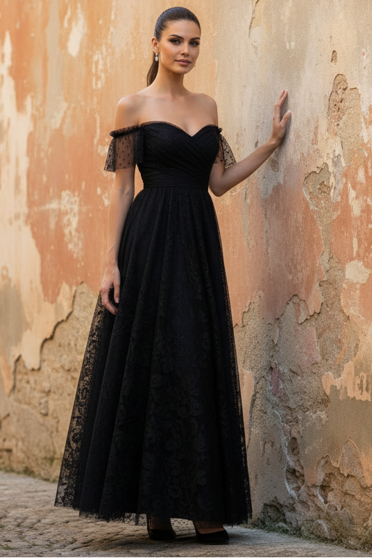 Black Off the Shoulder A-Line Back Lace Up Prom Dress