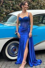Stunning Mermaid Spaghetti Straps Long Glitter Prom Dress with High Slit