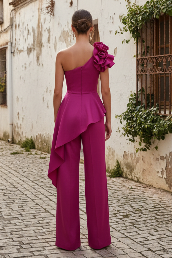 One-Shoulder Sleeveless Floor-Length Matte Satin Mother Of The Bride Dresses With Ruffle Flower