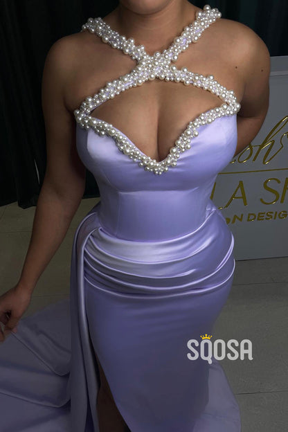 L2836 - Satin Fitted Beaded Crisscross Ruched With Side Slit Party Prom Evening Dress