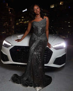 Hidais Tulle Asymmetric Strapless Sleeveless Long Pleated Mermaid Prom Dress With Sequins And Ruffles