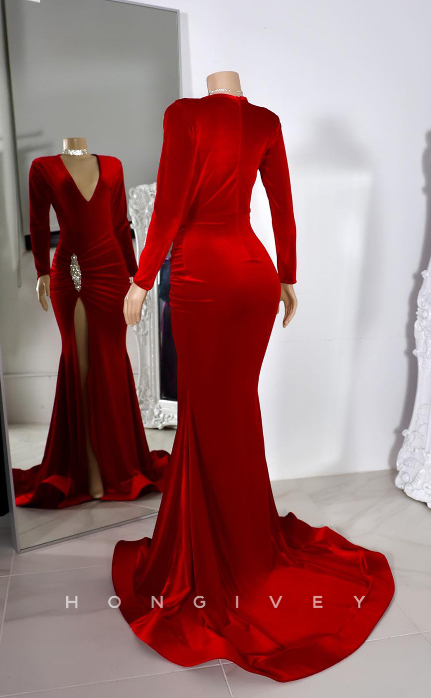 L2919 - Trumpet V-Neck Long Sleeves Ruched With Side Slit Party Prom Evening Dress For Black Women