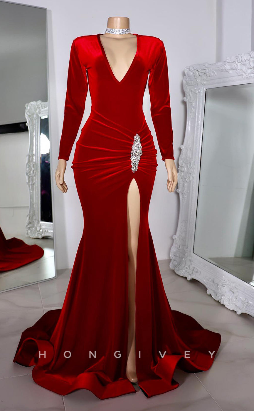 L2919 - Trumpet V-Neck Long Sleeves Ruched With Side Slit Party Prom Evening Dress For Black Women