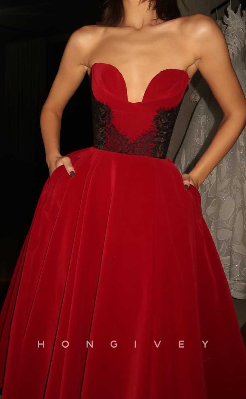 L2847 - Sexy A-Line Strapless Sleeveless Lace Applique With Pockets Party Prom Evening Dress