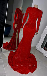 L2921 - Sparkly V-Neck Long Sleeve With Side Slit Party Prom Evening Dress For Black Women