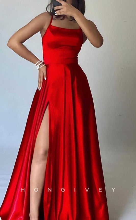 L2865 - Satin A-Line Bateau Spaghetti Straps With Side Slit Party Prom Evening Dress