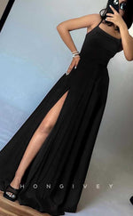 L2865 - Satin A-Line Bateau Spaghetti Straps With Side Slit Party Prom Evening Dress