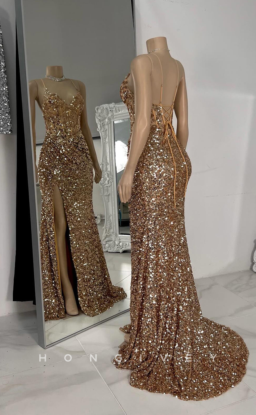 L2924 - V-Neck Spaghetti Straps Sequined With Side Slit Party Prom Evening Dress For Black Women