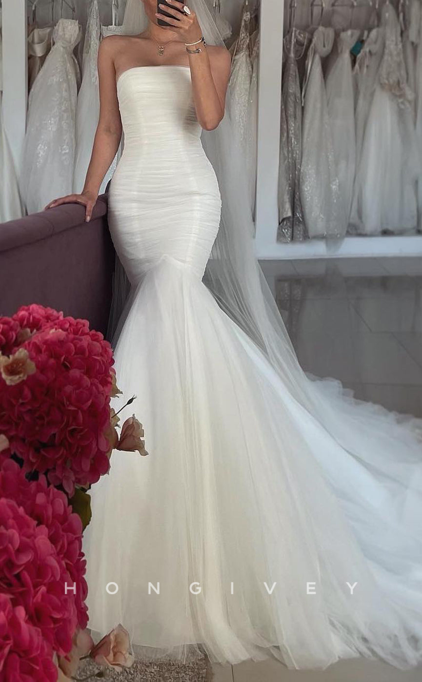 H1698 - Chic Trumpet Strapless Ruched With Tulle Train Wedding Dress