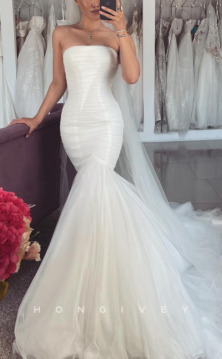 H1698 - Chic Trumpet Strapless Ruched With Tulle Train Wedding Dress