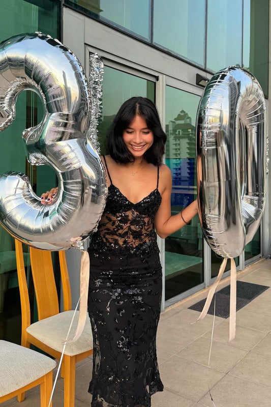 Fitted Black Sheer V-Neck Beaded Long Dress