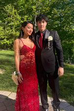 Fitted Black Sheer V-Neck Beaded Long Dress