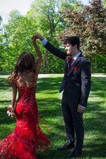 Fitted Black Sheer V-Neck Beaded Long Dress