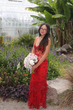 Fitted Black Sheer V-Neck Beaded Long Dress