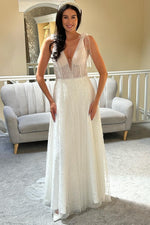 White Tulle Pearls Bow Strap A-Line Bridal Gown