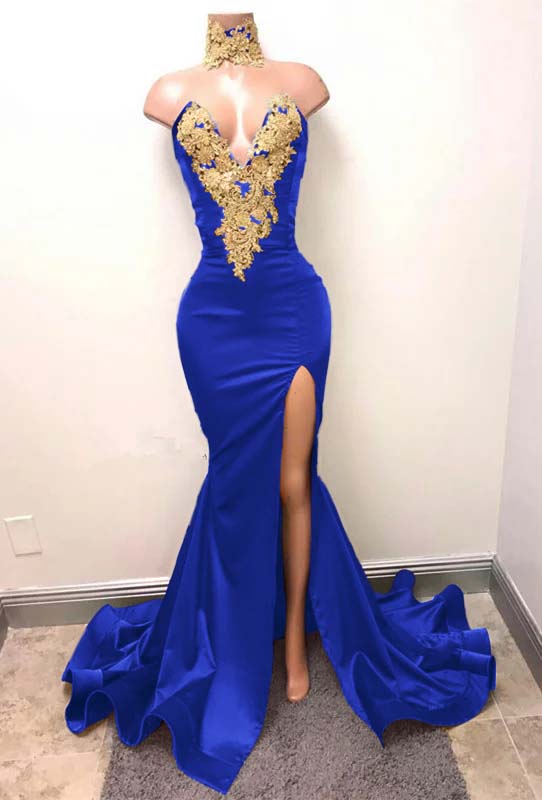 Hidais Mermaid Burgundy Deep V Neck Sleeveless Prom Dress Split With Lace Appliques