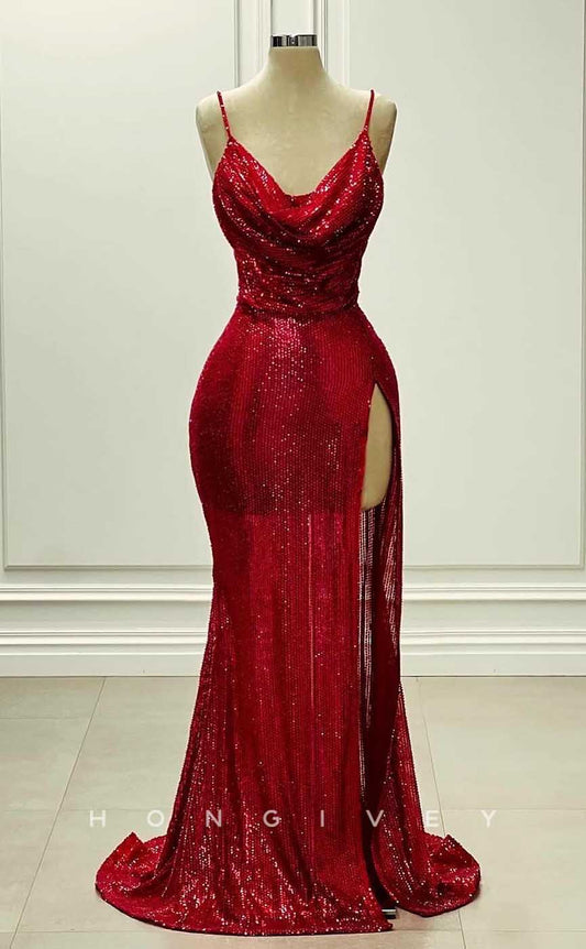 L2853 - Sexy Glitter Asymmetrical Spaghetti Straps Sequined With Side Slit Party Prom Evening Dress