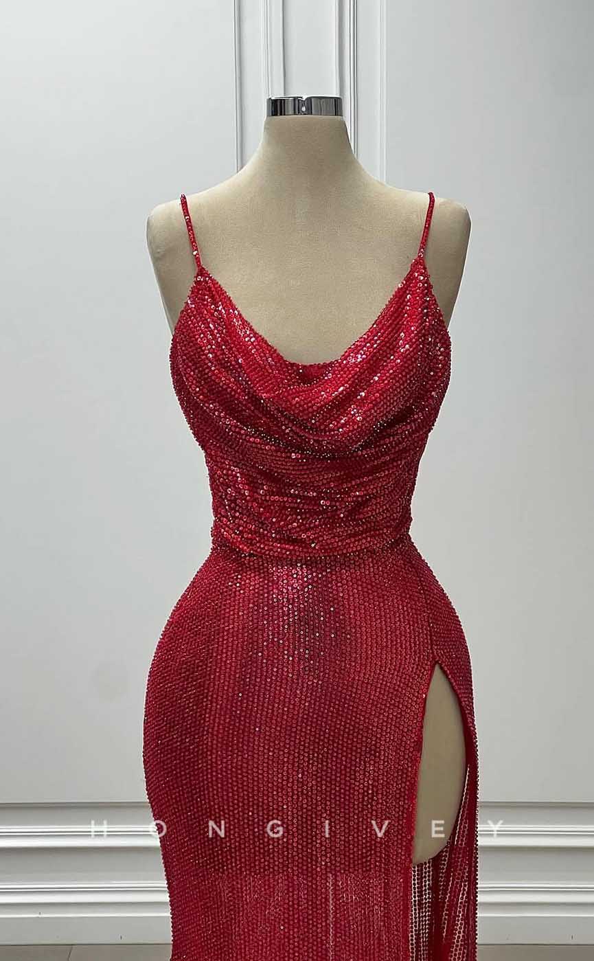 L2853 - Sexy Glitter Asymmetrical Spaghetti Straps Sequined With Side Slit Party Prom Evening Dress