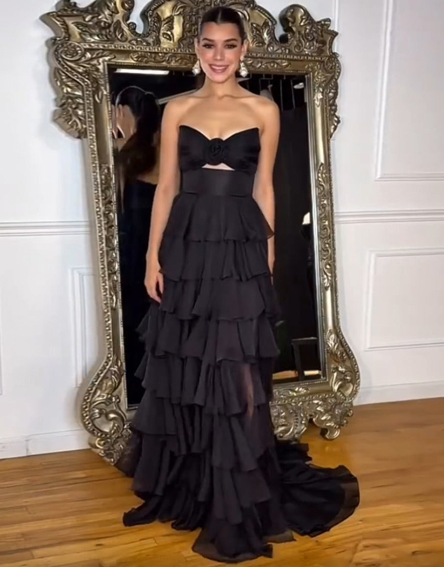 A Line Chiffon Prom Dresses for Women Strapless Tiere Ruffled Evening Party Dresses