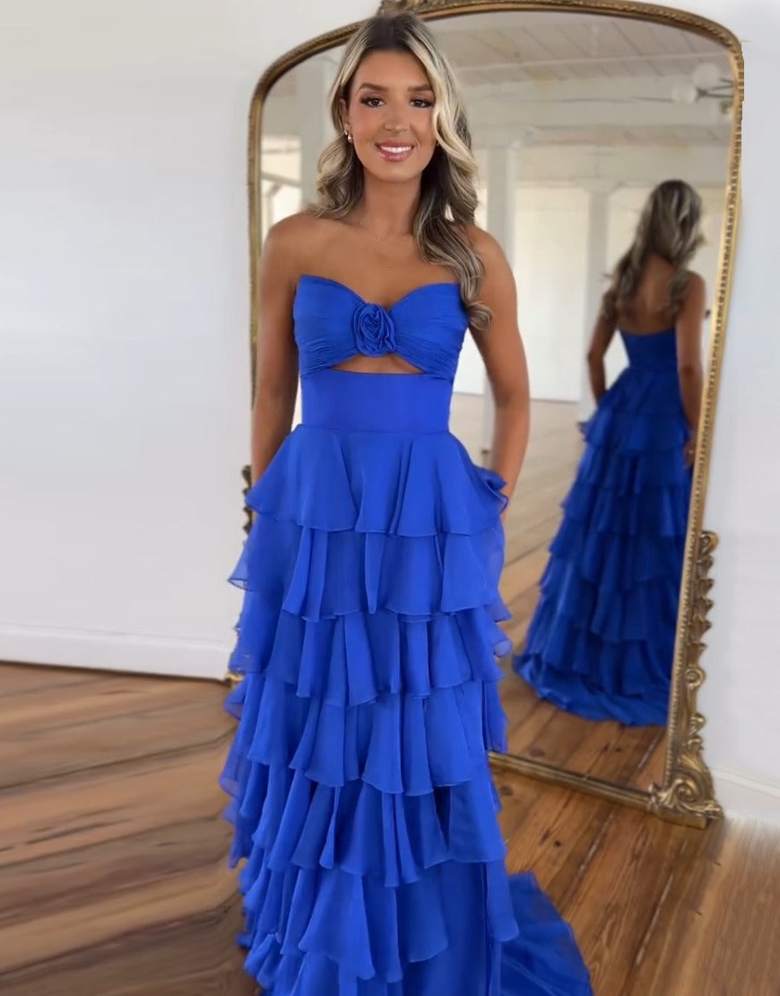 A Line Chiffon Prom Dresses for Women Strapless Tiere Ruffled Evening Party Dresses