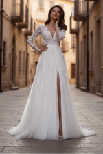 Elegant V-Neck Long Sleeve A-Line Appliques With Side Slit Wedding Dress